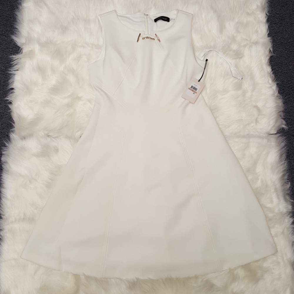 Ivanka Trump White Sleeveless Midi Dress with Gold Accent